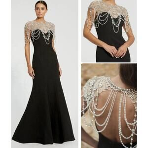 MAC DUGGAL 11775 Mermaid Gown 10 Draped Pearl Beaded Rhinestones Black Dress NWT